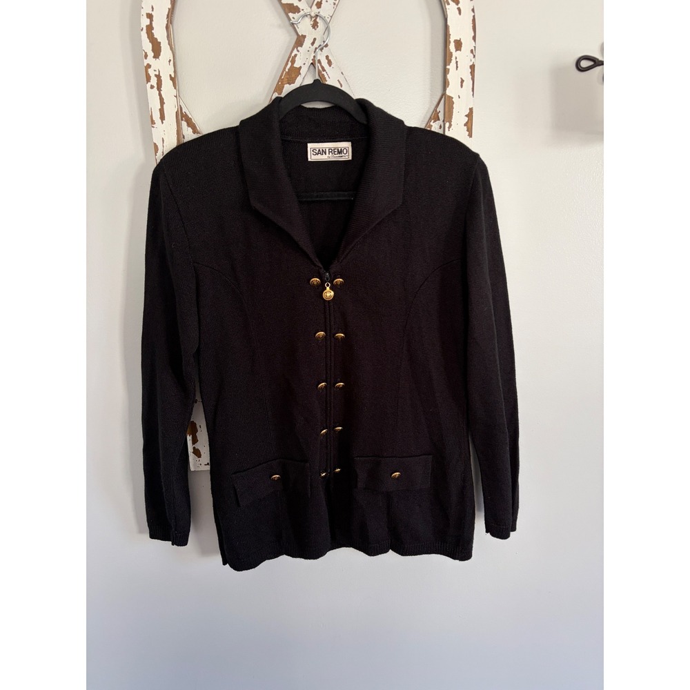 Vtg‎ San Remo By Lauren Knits Black Jacket Cardigan Zip Up Gold Buttons Size S